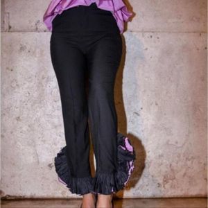 Zara Women Frilled Asymmetric Ruffles Hem Black/Pink Trousers, XS NWT